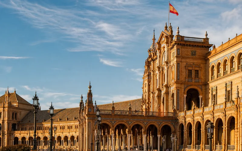 A photorealistic wide-angle shot of the Plaza de España in Seville, Spain, showing the semicircular tiled building with canal and bridge in golden afternoon light, 16:9 composition. Alt: Plaza de España Seville Andalusia itinerary landmark.