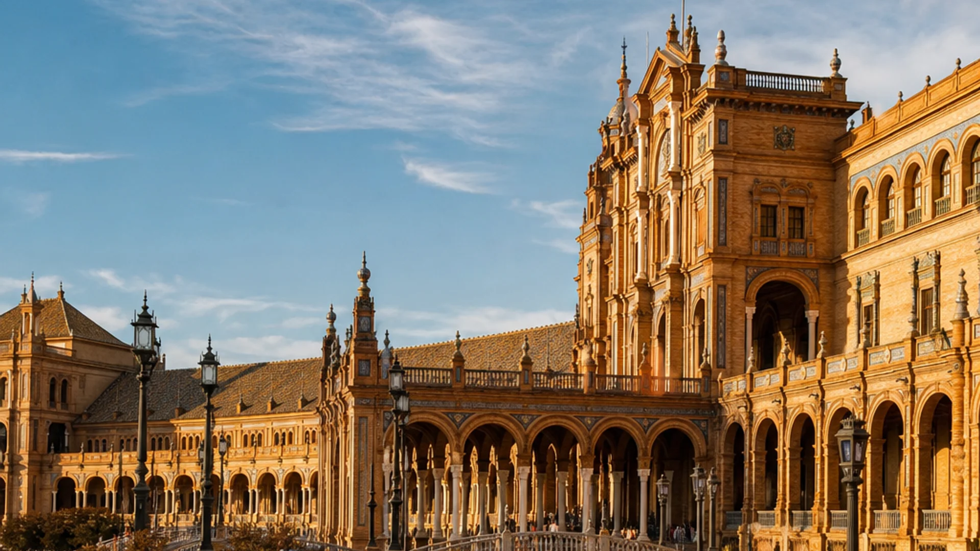 A photorealistic wide-angle shot of the Plaza de España in Seville, Spain, showing the semicircular tiled building with canal and bridge in golden afternoon light, 16:9 composition. Alt: Plaza de España Seville Andalusia itinerary landmark.