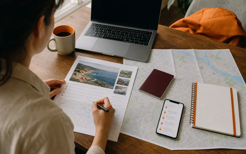 Traveler organizing a trip brief with maps and travel planning notes.