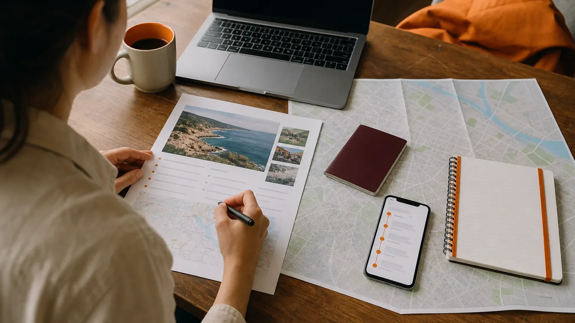 Traveler organizing a trip brief with maps and travel planning notes.
