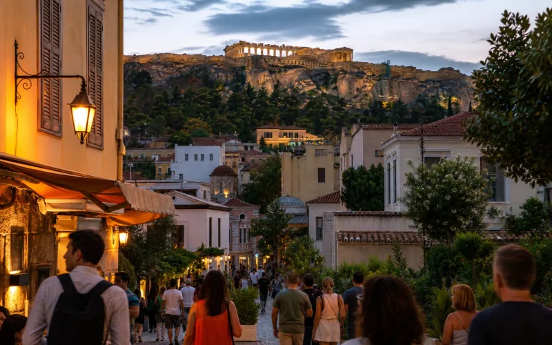 Athens arrival evening near Plaka with the Acropolis