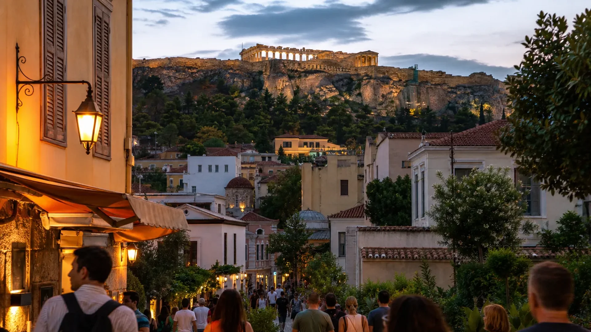 Athens arrival evening near Plaka with the Acropolis