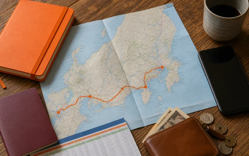 Japan itinerary route map from Tokyo to Hakone, Kyoto, and Osaka.