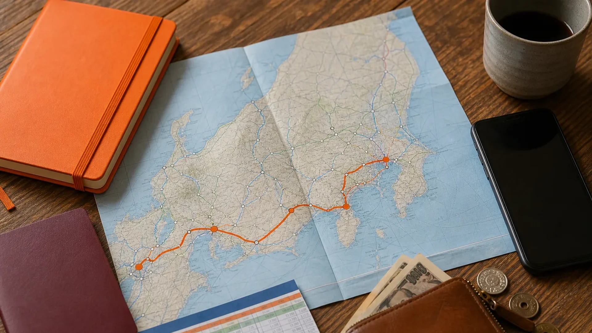 Japan itinerary route map from Tokyo to Hakone, Kyoto, and Osaka.