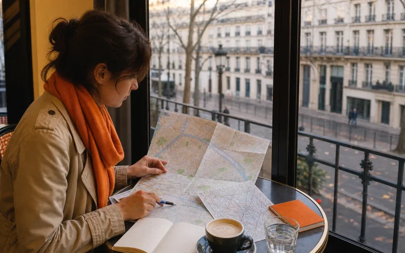 Paris itinerary three days route planning with map and budget notebook.