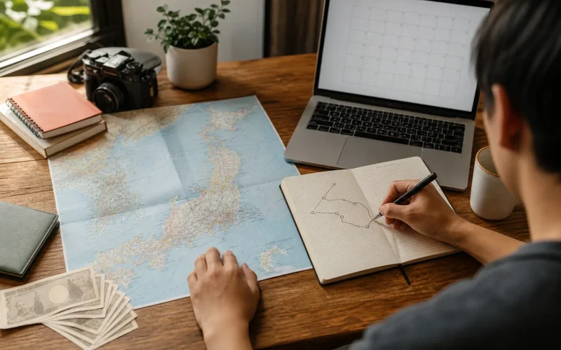 Planning Japan trip dates budget and itinerary at a desk.