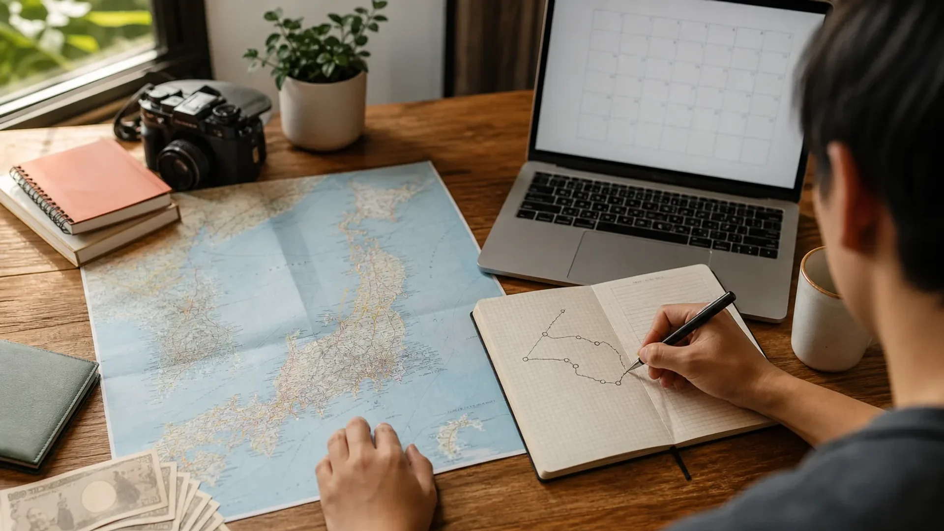 Planning Japan trip dates budget and itinerary at a desk.
