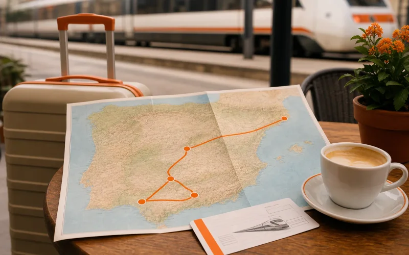 Ten-day Spain itinerary route map connecting Barcelona Madrid Seville Granada and Cordoba