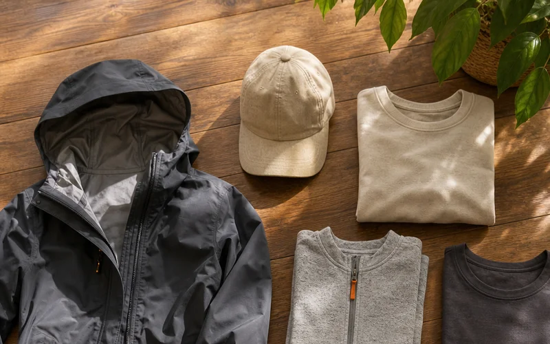 travel clothing essentials laid out for packing including a waterproof jacket and walking shoes.