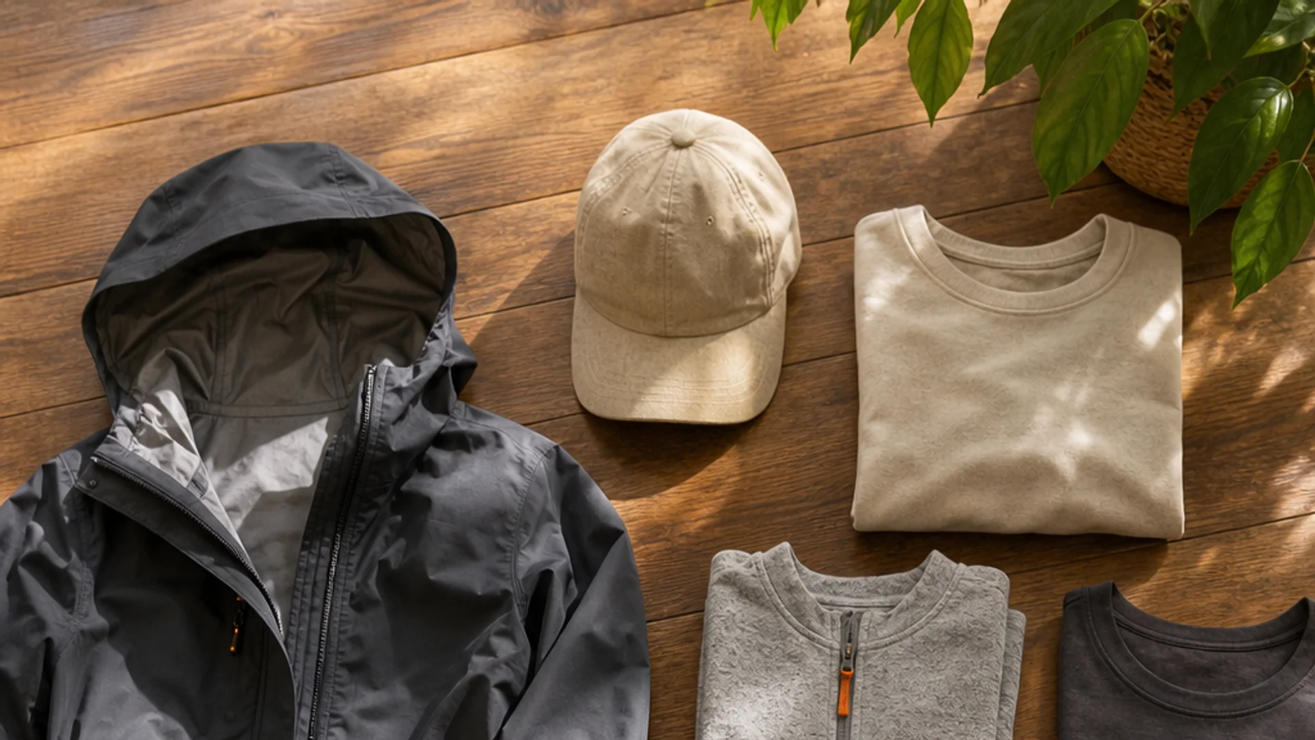 travel clothing essentials laid out for packing including a waterproof jacket and walking shoes.